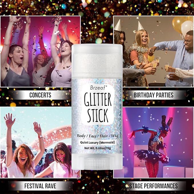 Brzeaf Waterproof Mermaid Glitter Stick, Shimmery& Long Lasting, Hair Eyeshadow Face Body Glitter, Singer Concert Music Rave Festival, Glitter Stick Makeup for Women Men