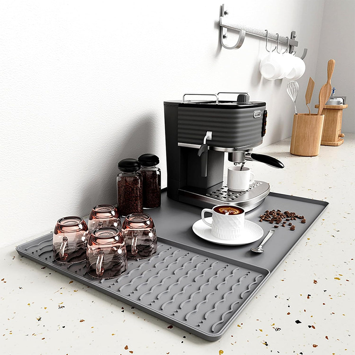 Silicone Coffee Mat, 24 x 16 Inch Non-Slip Heat Resistant, Large and Small Combination Bar Mat, Convex Edge Spill Resistant Design for Coffee Machines and Kitchen Countertops,Wavy Gray