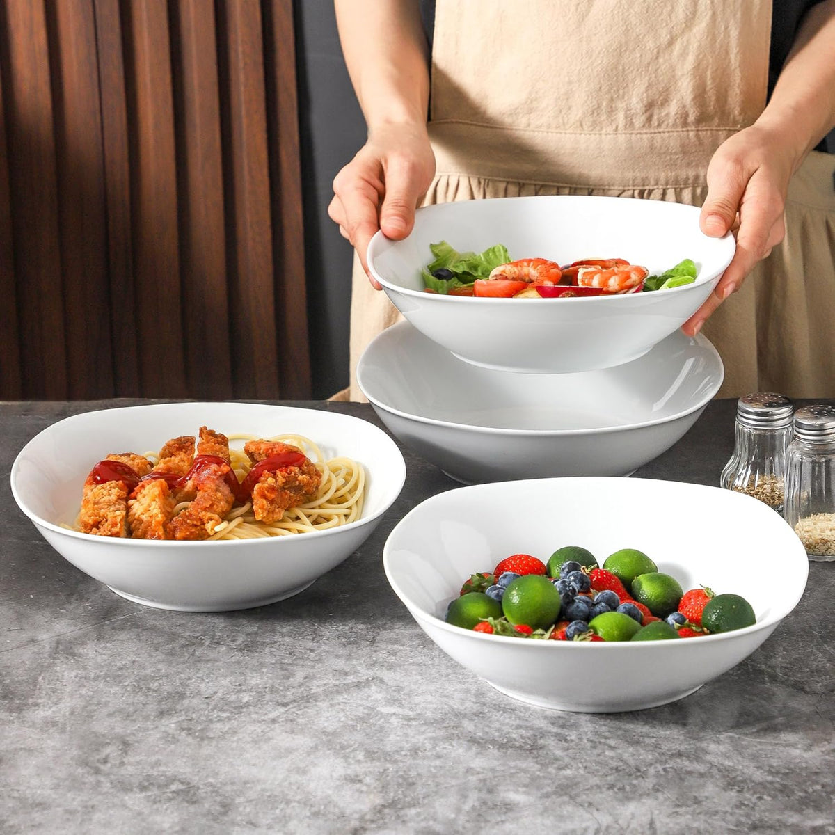 fMBB 4pcs Large Pasta Bowls, 35 OZ Porcelain Deep Dinner Plates, Big Salad Bowls Set, House-warming Dinnerware, Dishwasher, Microwave, Oven Safe