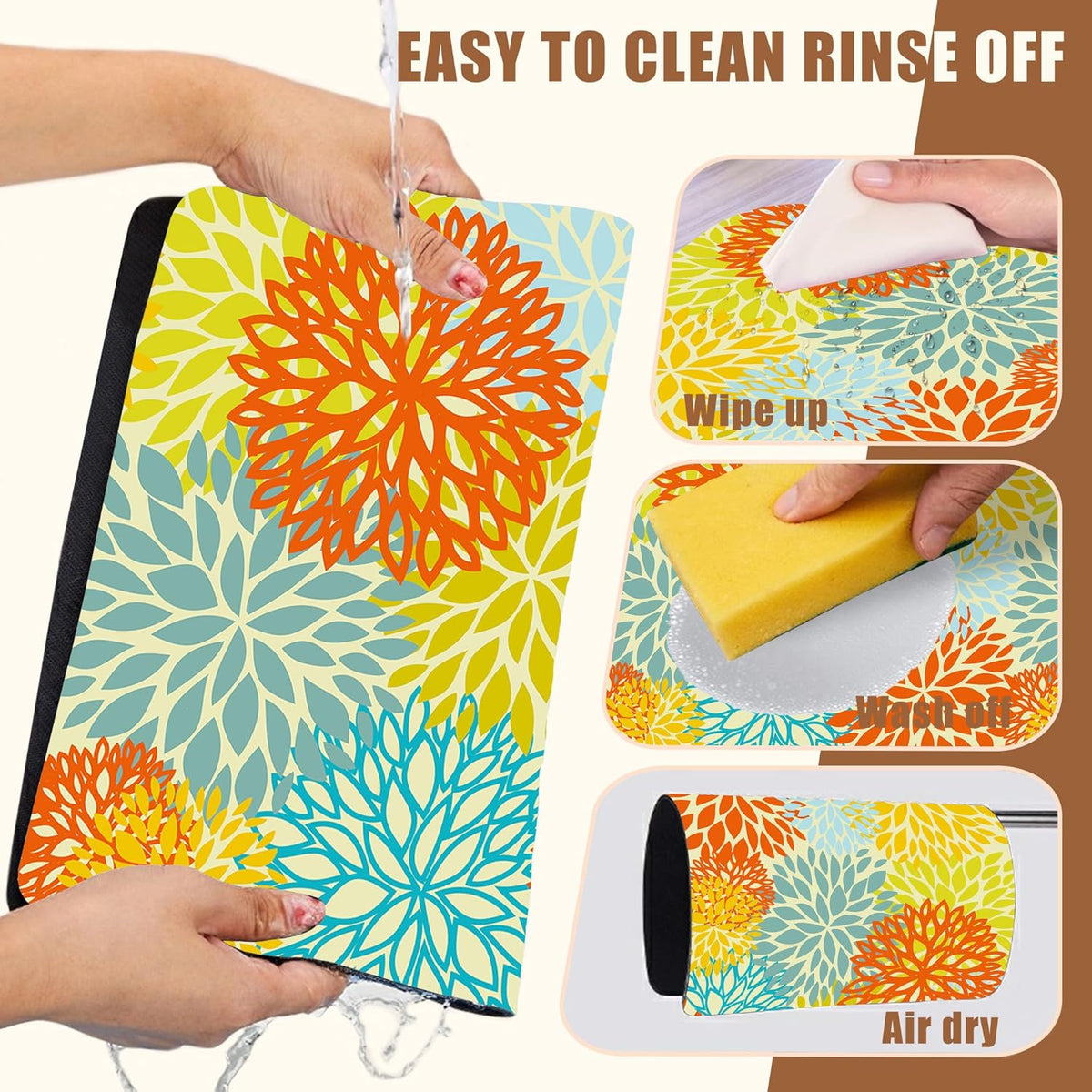 Orange and Blue Chrysanthemum Flower Coffee Mat Absorbent Dish Drying Mat Hide Stain Rubber Backed Coffee Bar Accessories Fit Under Espresso Machine Cafe Table 11.8 x 19.7 Inch