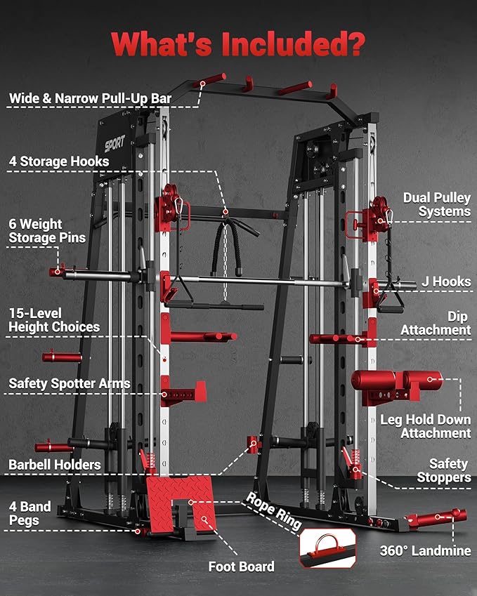 Smith Machine Home Gym All in One, 2200LBS Squat Rack Power Cage with Smith Bar, LAT Pull-Down, Cable Systems, Leg Hold-Down and More Attachments, Workout Equipment (Red Black)