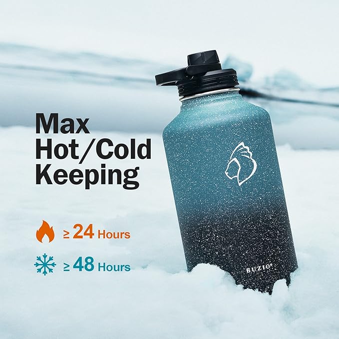 BUZIO 64 oz Water Bottle Insulated with Straw & 3 lid and Carrying Pouch, Leak Proof Half Gallon Stainless Steel Water Flask Jug, Cold for 48 Hrs Double Vacuum Thermo Canteen, BPA-Free, Starry Indigo