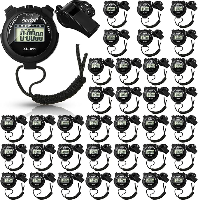 72 Pcs Digital Stopwatch Timer Plastic Whistle Bulk for Sports Coaches Referee Waterproof Watch Timer Whistle with Lanyard Multi Function Electronic Fitness Date Alarm (Black)