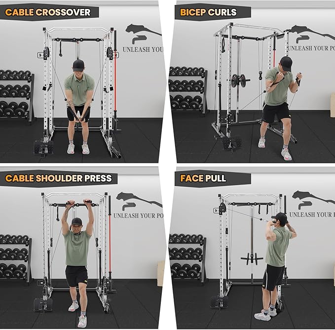 GaveeLife Power Cage, 2000 LBS Power Rack with Cable Cross-Over System, Multi-Functional Strength Training Squat Rack with LAT Pull Down System, Home Gym Equipment with Training Attachment, Red