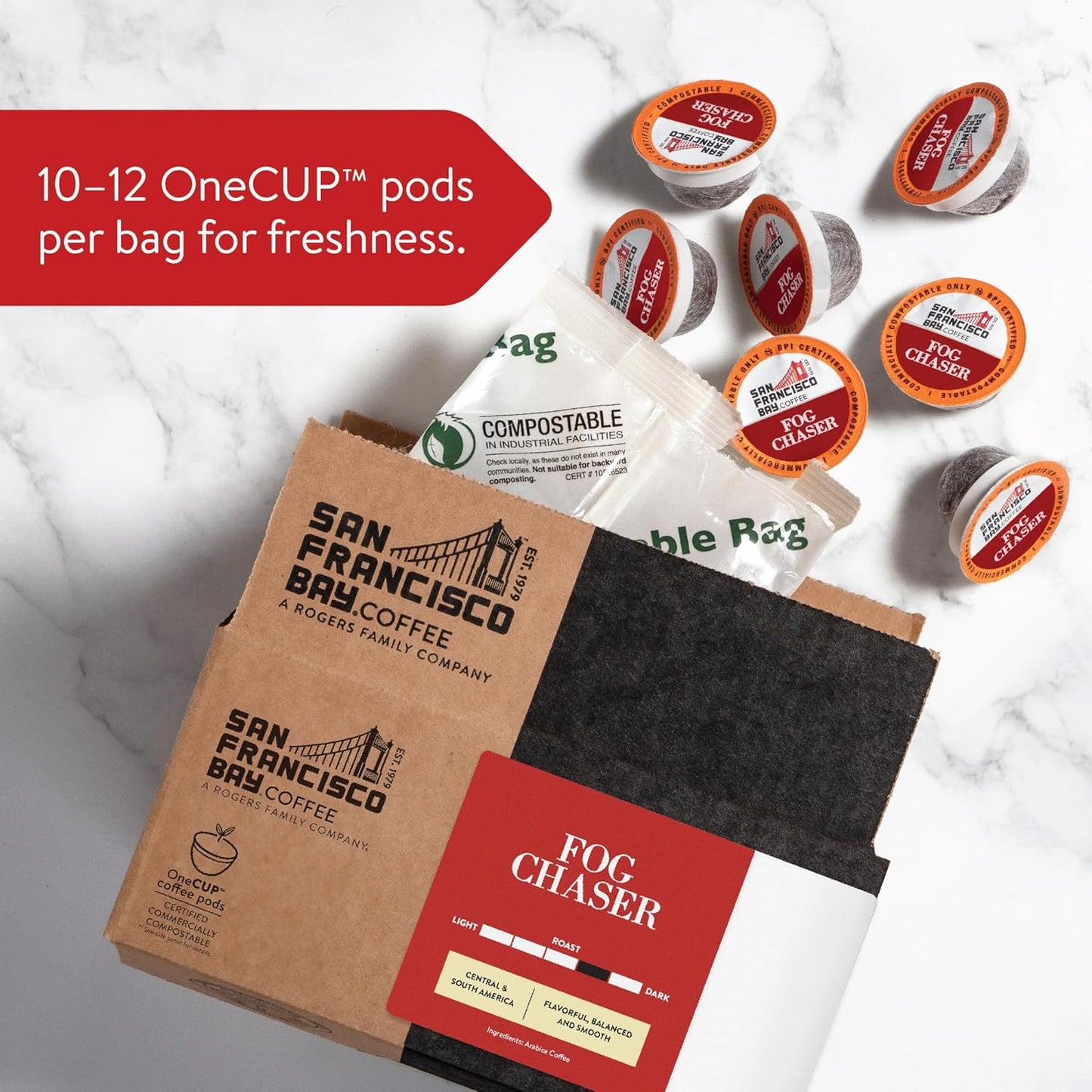 San Francisco Bay Coffee - Medium-Dark Roast - Fog Chaser (120 ct) - Single Serve Coffee Pods, Commercially Compostable, K Cup Compatible