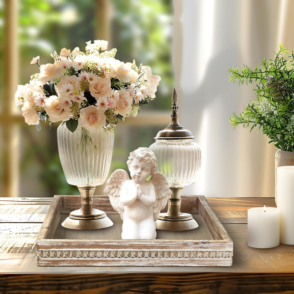 Wooden Decorative Tray, Small Serving Tray with Wood Bead, Farmhouse Big Tray for Ottoman, Countertop, Coffee Tabl, 13" x 13"x 1.6" (White Washed)