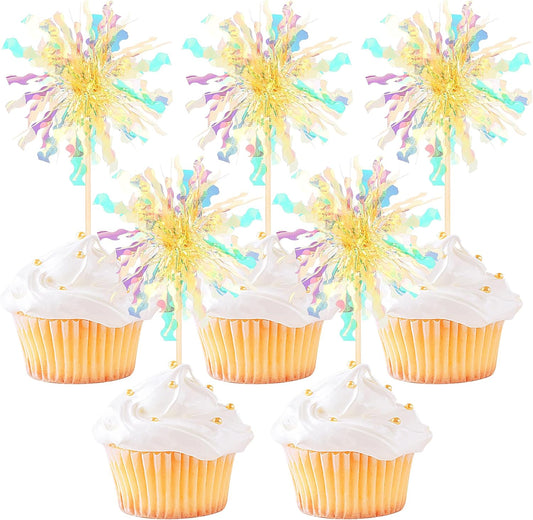 30 PCS Foil Firework Cupcake Toppers Sparkle Tinsel Cupcake Picks Happy Birthday Cake Decorations Drink Stirrers Cocktail Food Fruit Toothpicks for Baby Shower Graduation Party Supplies Yellow