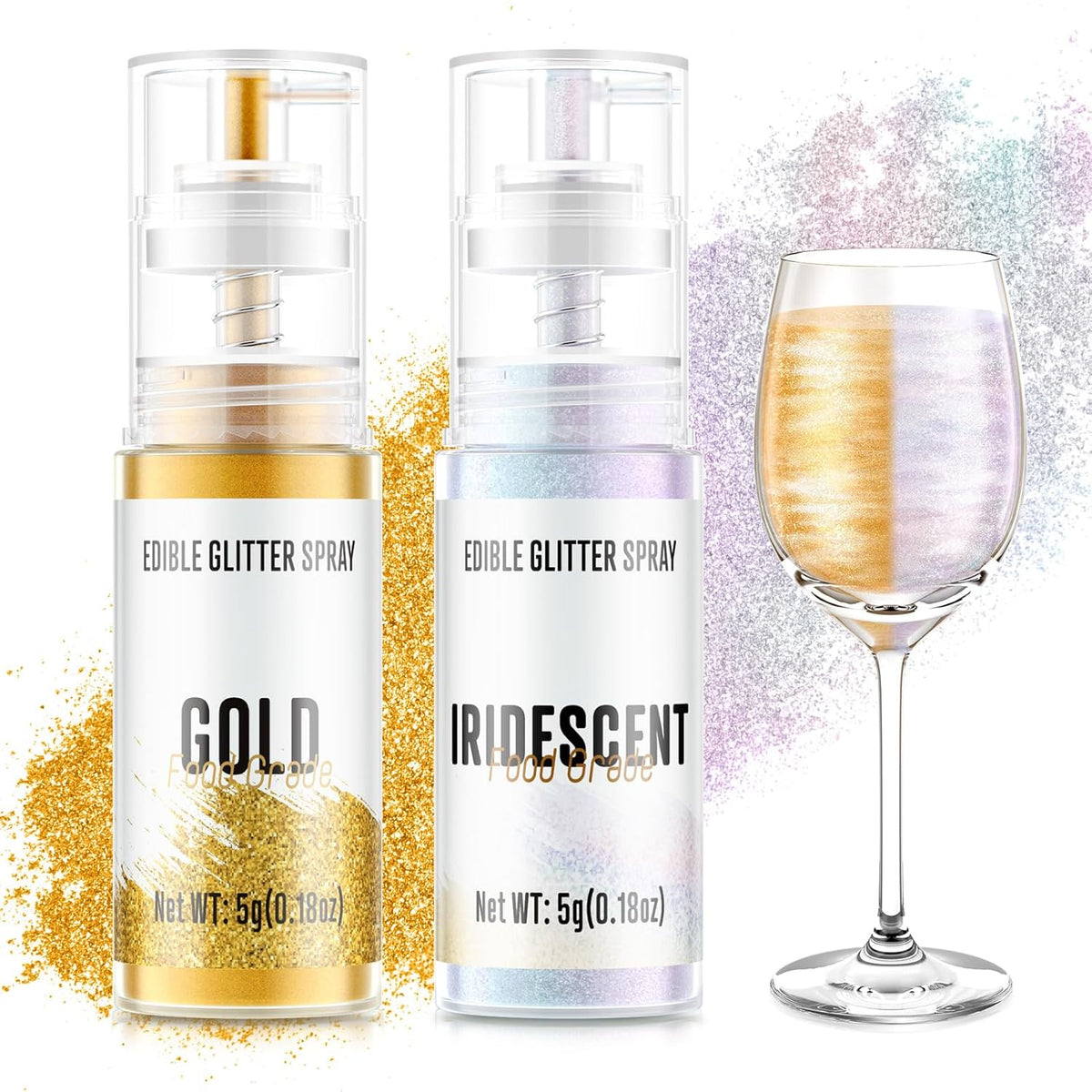 Edible Glitter Spray,2 Colors Gold & Iridescent Food Grade Edible Glitter Set for Drink Cake Beverages,Cupcakes,Cake Pops and Cookies Decorating