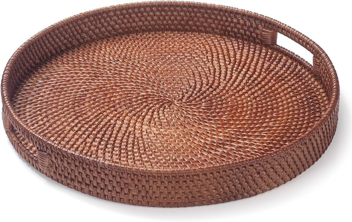 16.9 inch Round Rattan Tray, Woven Large Serving Tray with Handles, Wicker Serving Basket, Coffee Table Decor for Living Room, Reddish-Brown