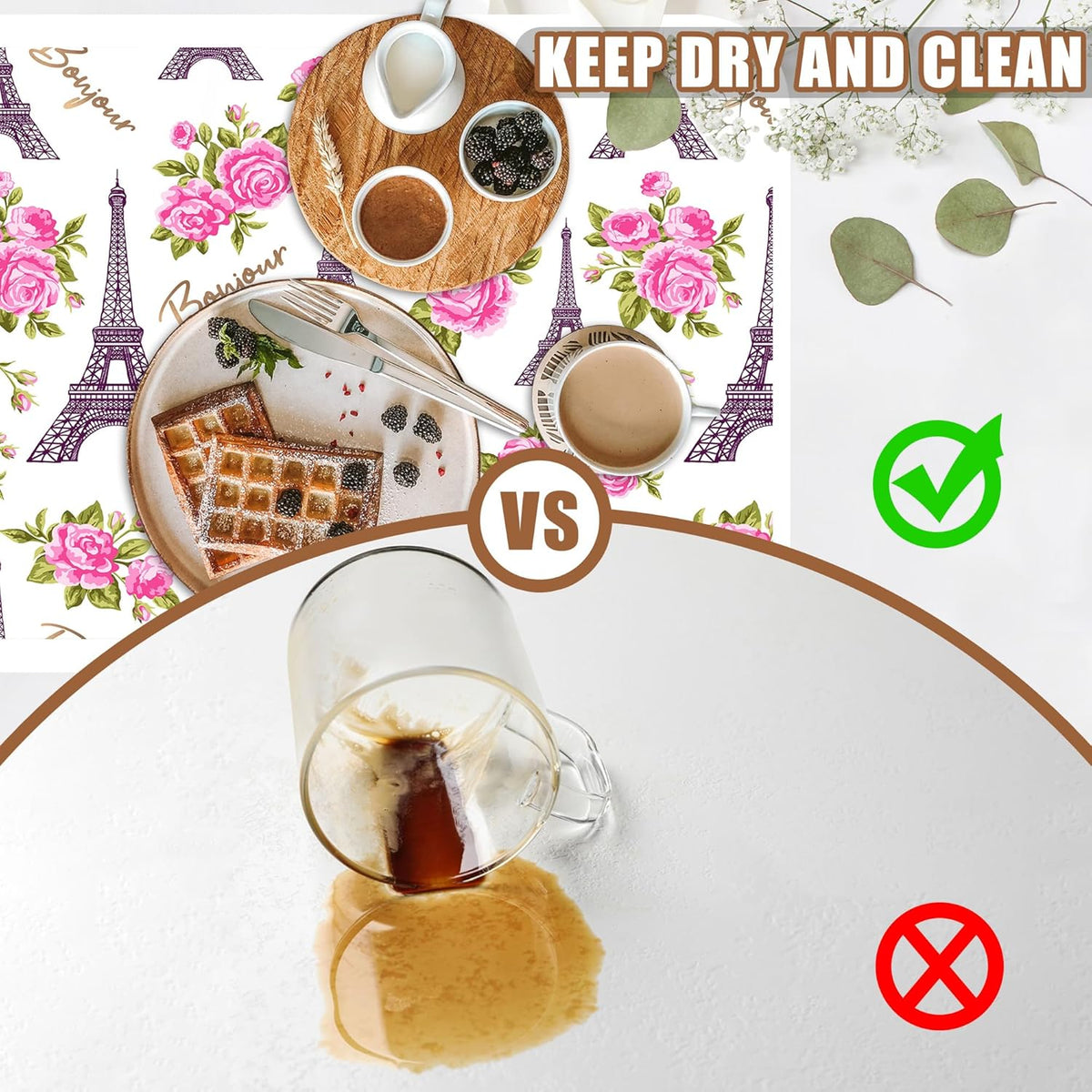 Eiffel Tower with Pink Rose Coffee Mat Absorbent Dish Drying Mat for Kitchen Counter Hide Stain Rubber Backed Coffee Bar Accessories Fit Under Espresso Machine Dish Drainer 15.7 x 23.6 Inch