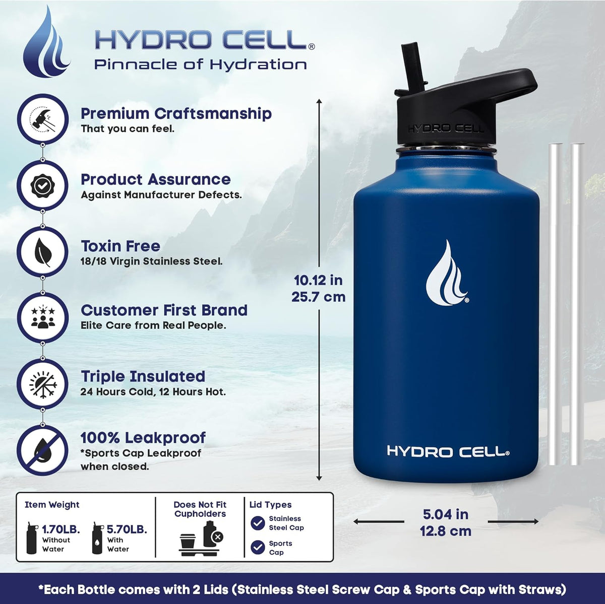 HYDRO CELL Stainless Steel Insulated Water Bottle with Straw - For Cold & Hot Drinks - Metal Vacuum Flask with Screw Cap and Modern Leakproof Sport Thermos for Adults (Navy 64oz)
