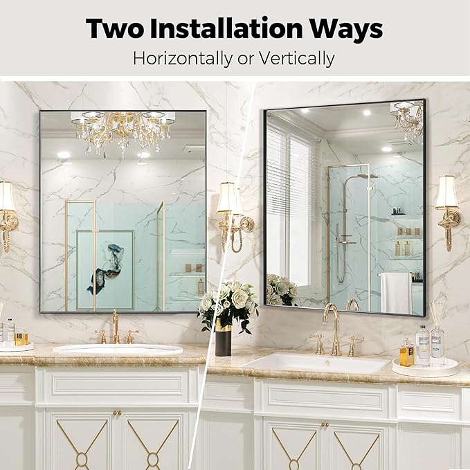 20x30 Inch Black Bathroom Mirror for Wall, Aluminum Frame Rectangle Rectangular Vanity Mirror, Modern Large for Bedroom, Living Room, Horizontal or Vertical