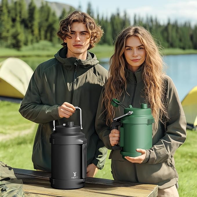 64 oz Insulated Water Bottle for Camping: Meoky Triple Wall Vacuum Stainless Steel Half Gallon Water Jug - Top and Side Handles, 2-in-1 Straw and Spout Lid, Cold for 36 Hrs, Leak Proof, BPA Free (Fir)
