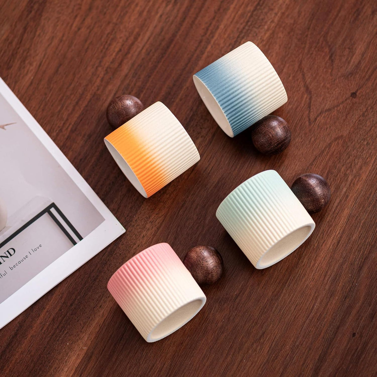 Ceramic Mini Espresso Cups Demitasse Cups with Round Wooden Handle Vertical Stripes Tea Cups (Beige&Blue, 4pcs)