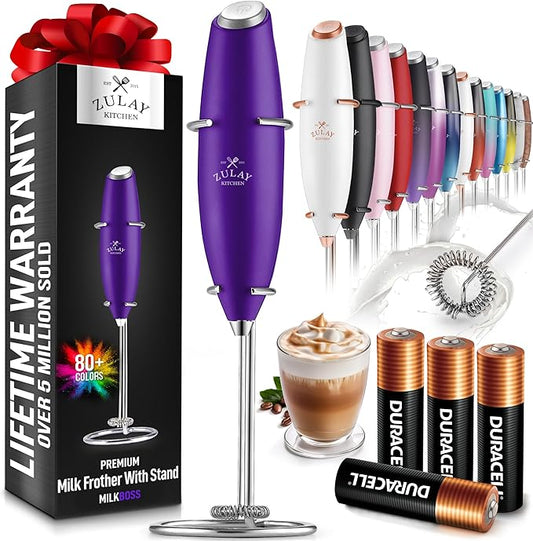 Zulay Powerful Milk Frother (4 Duracell Batteries Included) - Handheld Milk Frother Wand Drink Mixer for Coffee - Powerful Milk Foamer for Cappuccino, Frappe, Matcha & Coffee Creamer - Deep Purple