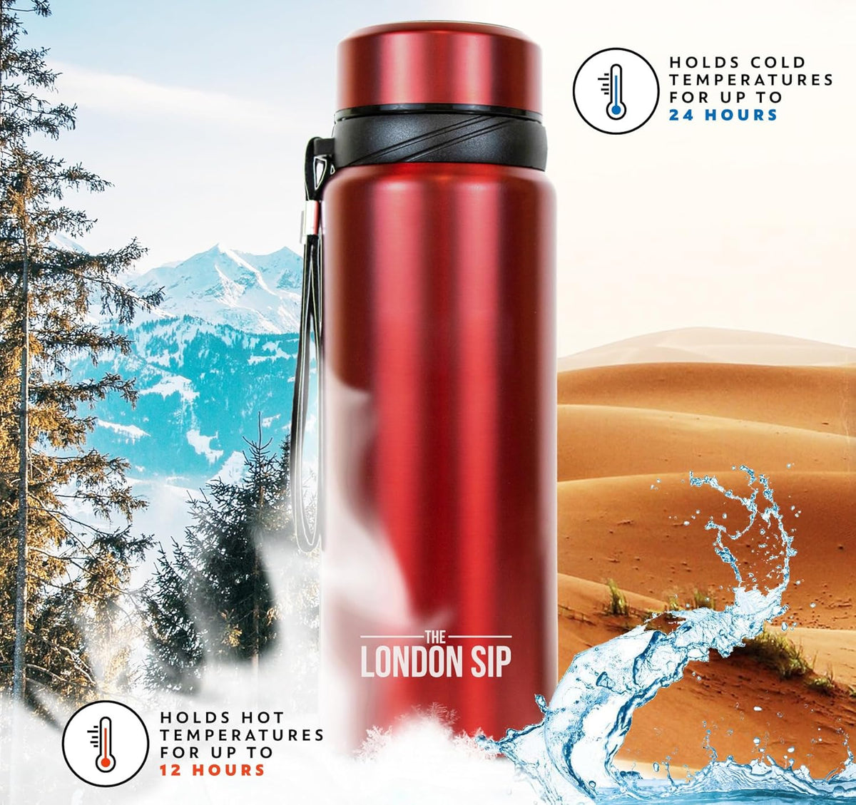London Sip 25 oz Multi-Function Travel Mug and Tumbler Tea Infuser Water Bottle Fruit Infuser Flask Hot and Cold Double Wall Stainless Steel Coffee Thermos, Sacred Red, Pack of 2
