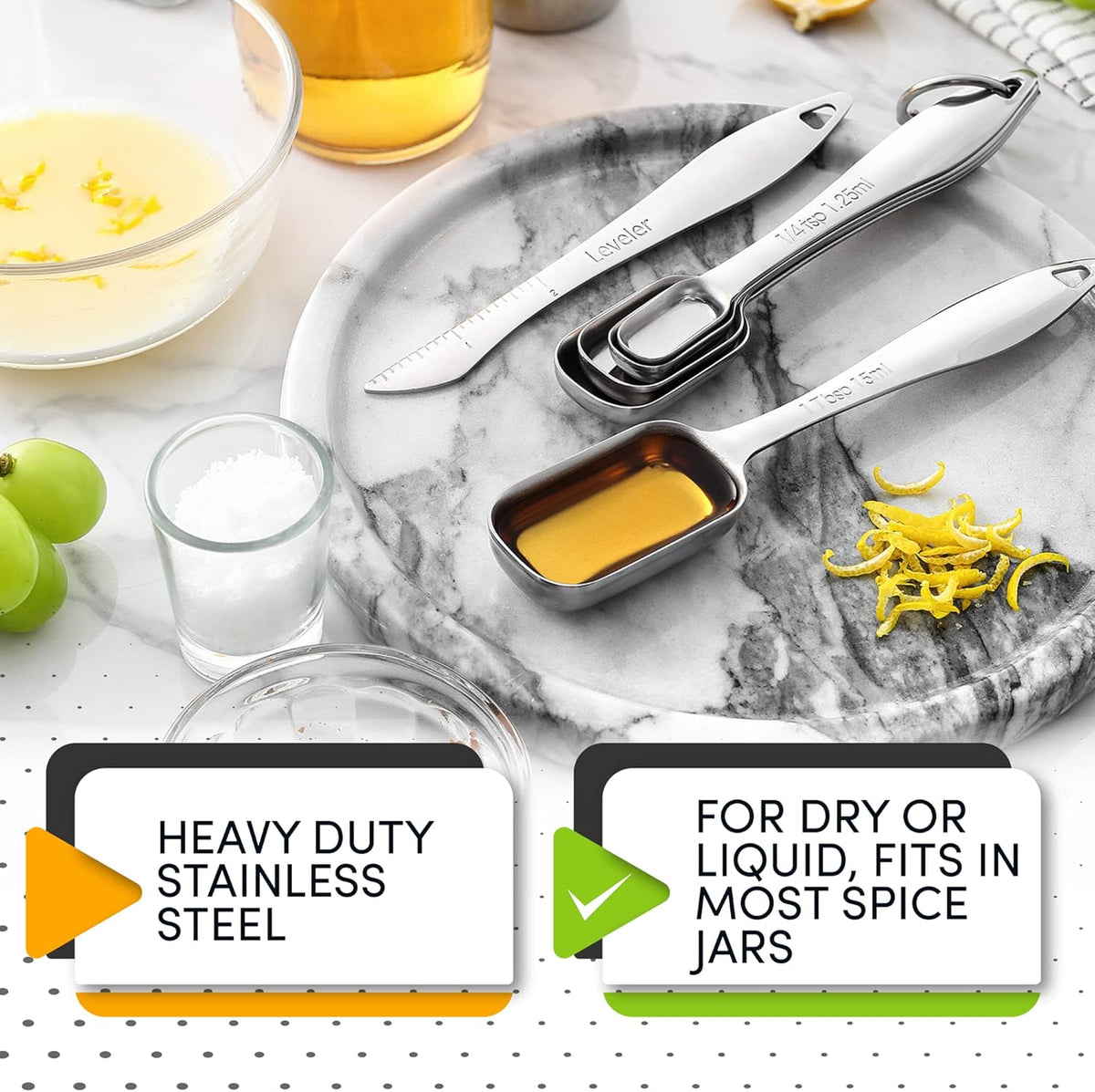 Spring Chef Stainless Steel Measuring Spoons Set of 6 with Leveler, Rectangular Metal Teaspoon & Tablespoon Measuring Spoons for Dry & Liquid Ingredients - Nesting Kitchen Gadgets For Baking & Cooking