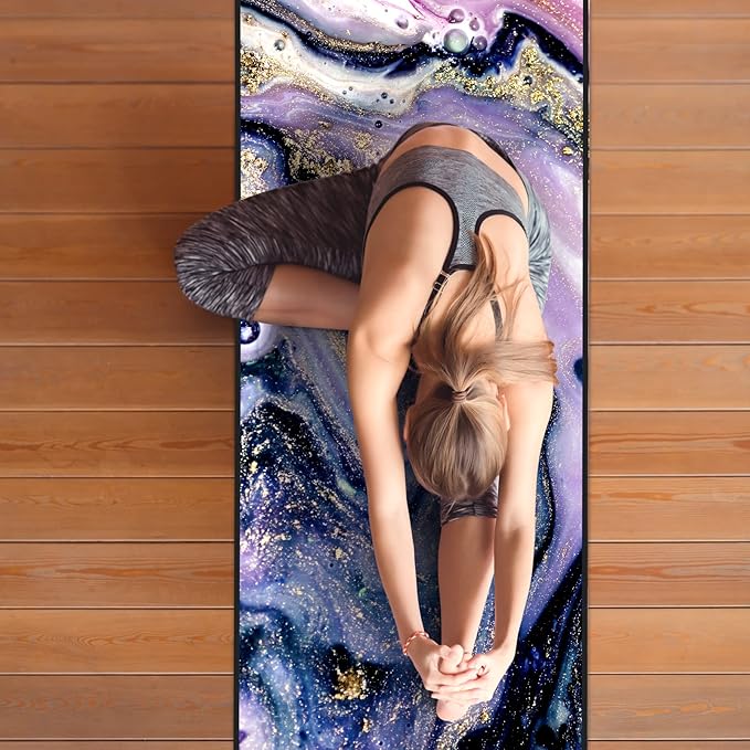 QiyI Yoga Mat Towel with Corner Pockets, Non Slip Sweat Absorbent Hot Yoga Towels, Soft Yoga Blankets with Travel Bag, Skidless Mat Cover for Workout, Gym, Fitness - 74"x26", Purple Gold Marble