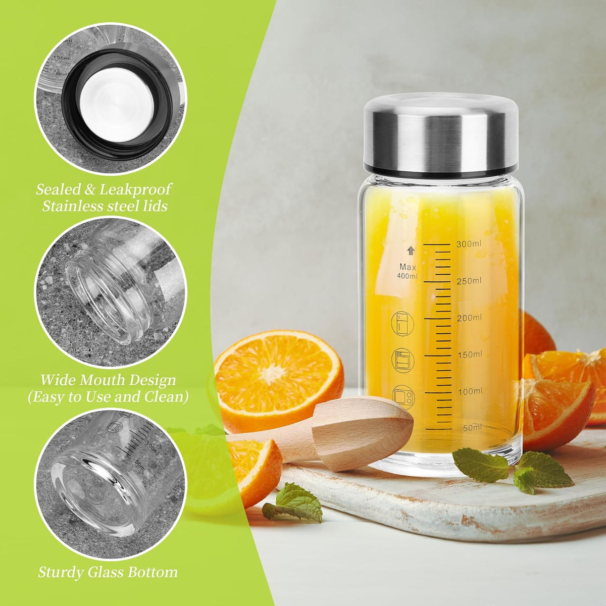 souG 4 Pack 14oz Juice Bottles，Wide Mouth Glass Water Bottles with Lids - for Juicing, Smoothies, Milk, Protein, BPA Free, Reusable, Stainless Steel Lids, Leak Proof, Shaker bottle (14oz/400ml)
