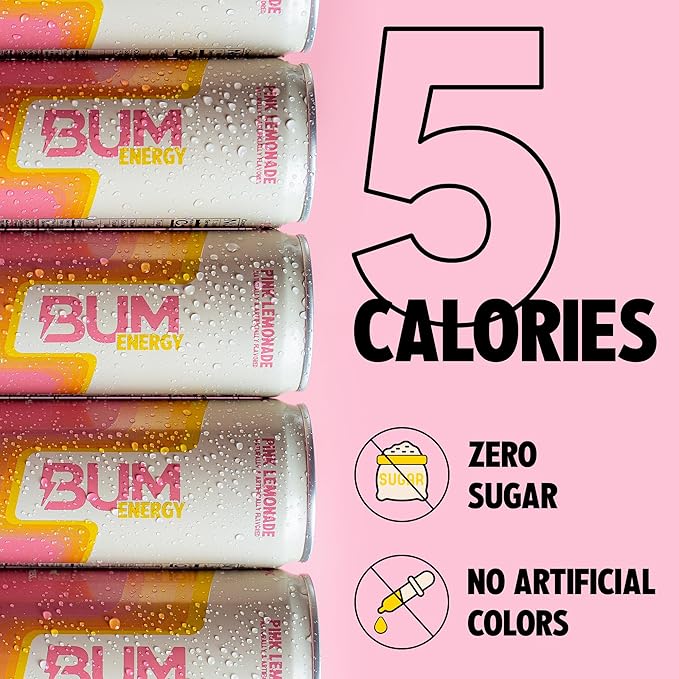 BUM Sugar-Free Energy Drink, Pink Lemonade - Lightly Carbonated & No Artificial Colors, Natural Caffeine & Citicoline for Energy & Focus, Brain Boost & Workout Sports Beverage - 12 oz, Pack of 12