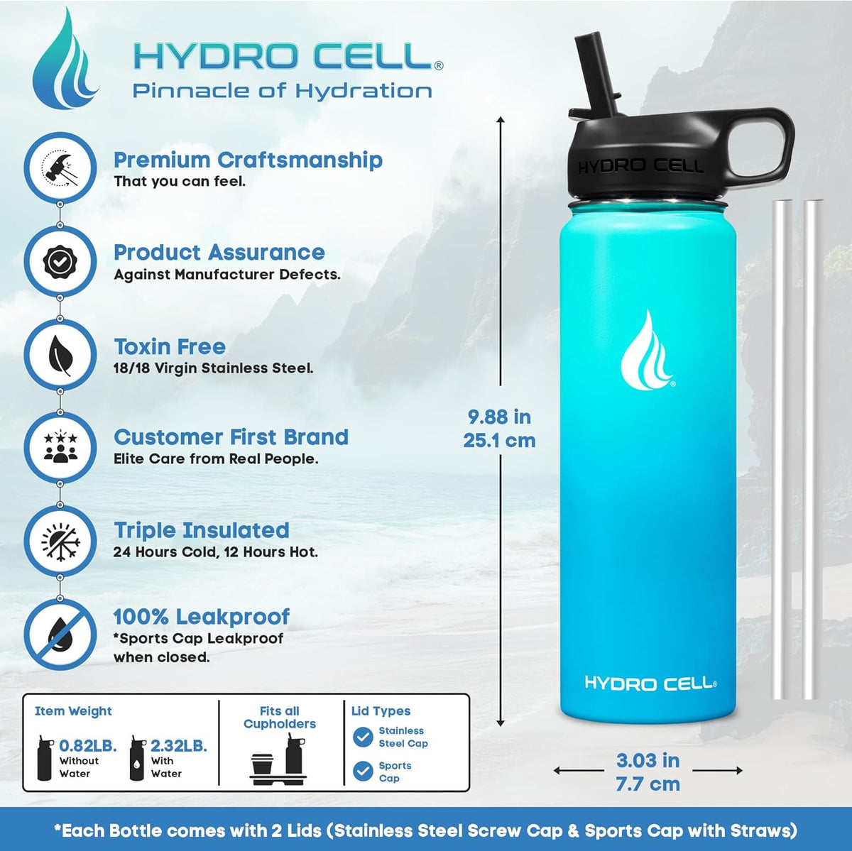 HYDRO CELL Stainless Steel Insulated Water Bottle with Straw - For Cold & Hot Drinks - Metal Vacuum Flask with Screw Cap and Modern Leakproof Sport Thermos for Adults (Teal/Blue 24oz)
