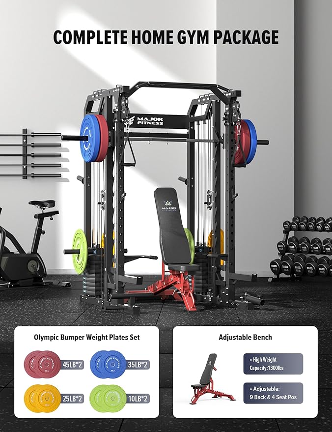 Major Fitness Smith△ Machine Drone2 Premium, All-in-One Home Gym Squat Rack with Aluminum Pulley Set , Weight Bar, Dual LAT Pull-Down Systems & Cable Crossover Machine for Full-Body Workouts