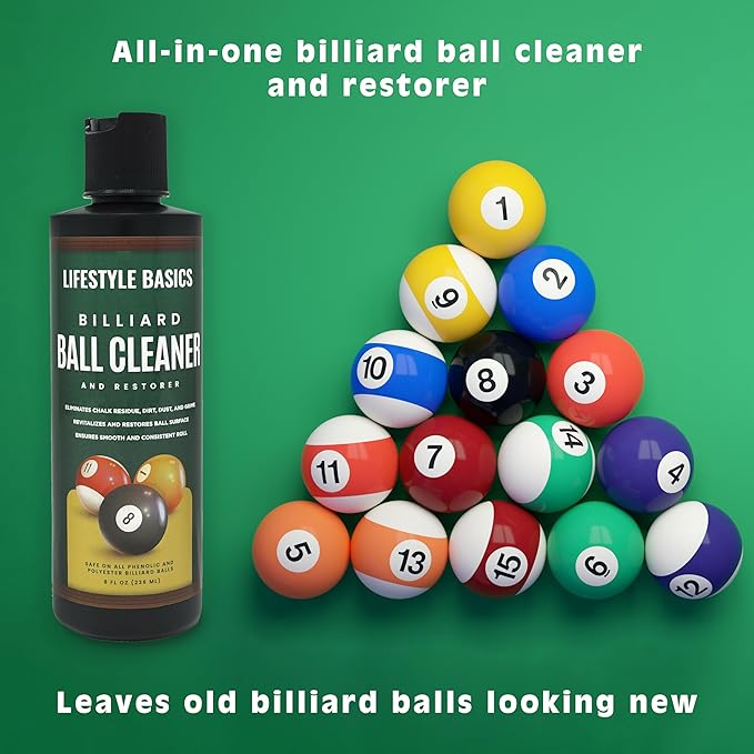 Billiard Ball Cleaner and Restorer Polish | All-in-One Pool Ball Cleaner | Removes Chalk Residue, Dust, Dirt, and Grime