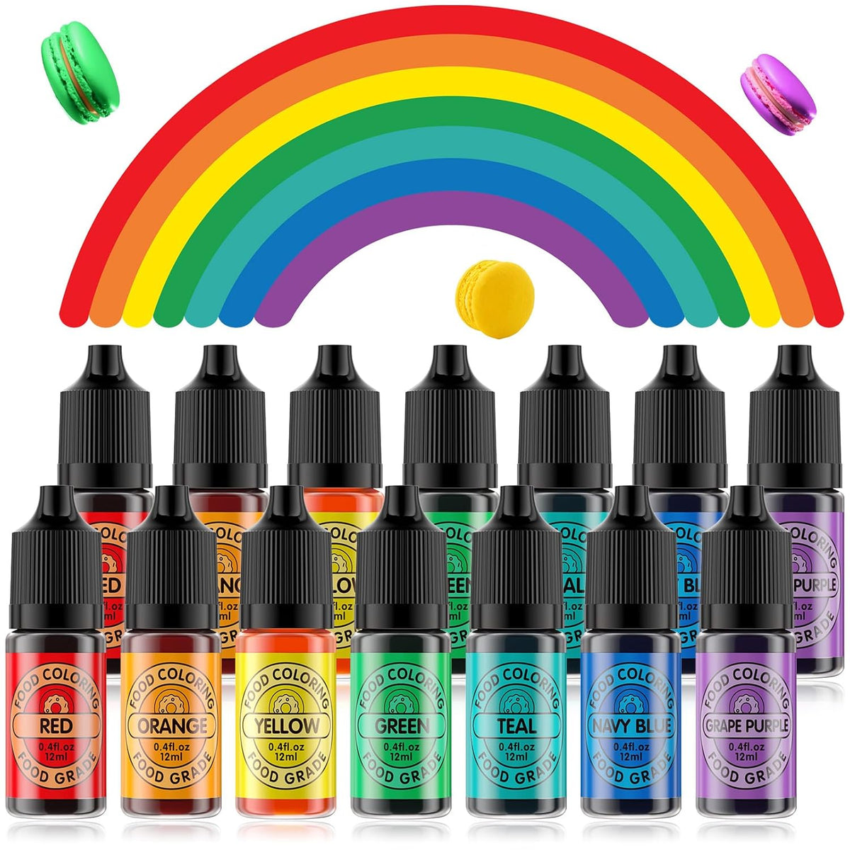 Food Coloring Set for Cake Decorating Rainbow Edible Food Dye for Baking Royal Icing Cookie Supplies Gluten Free 14x12ml Food Grade Liquid Food Color Kit, 0.4 Fl. Oz/Bottles