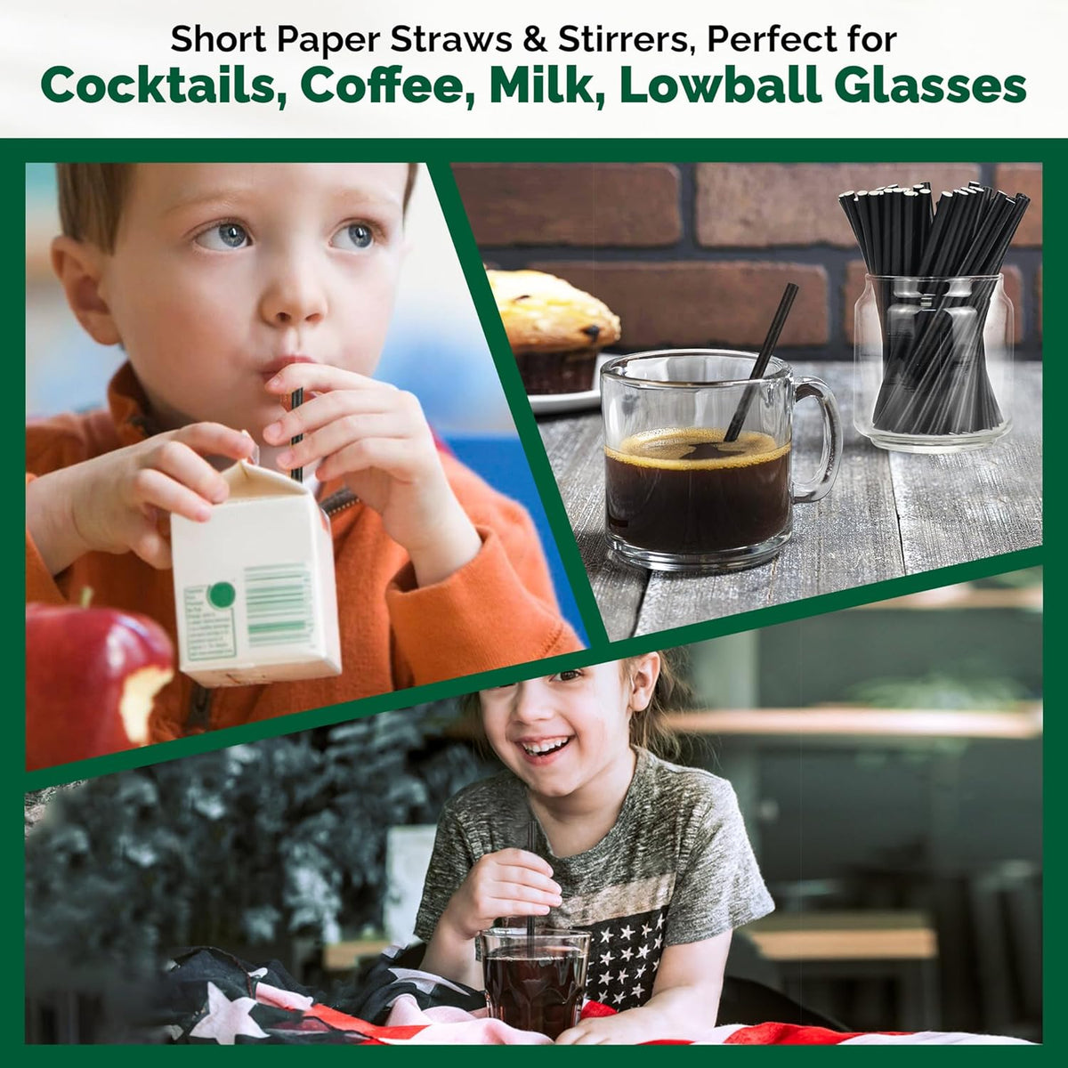 [500 Bulk] 5.75 inch Black Short Paper Straws, Stir Straws for Cocktail, Coffee, Mixed Drinks - Home, Bar and Restaurant Straws - 100% Biodegradable
