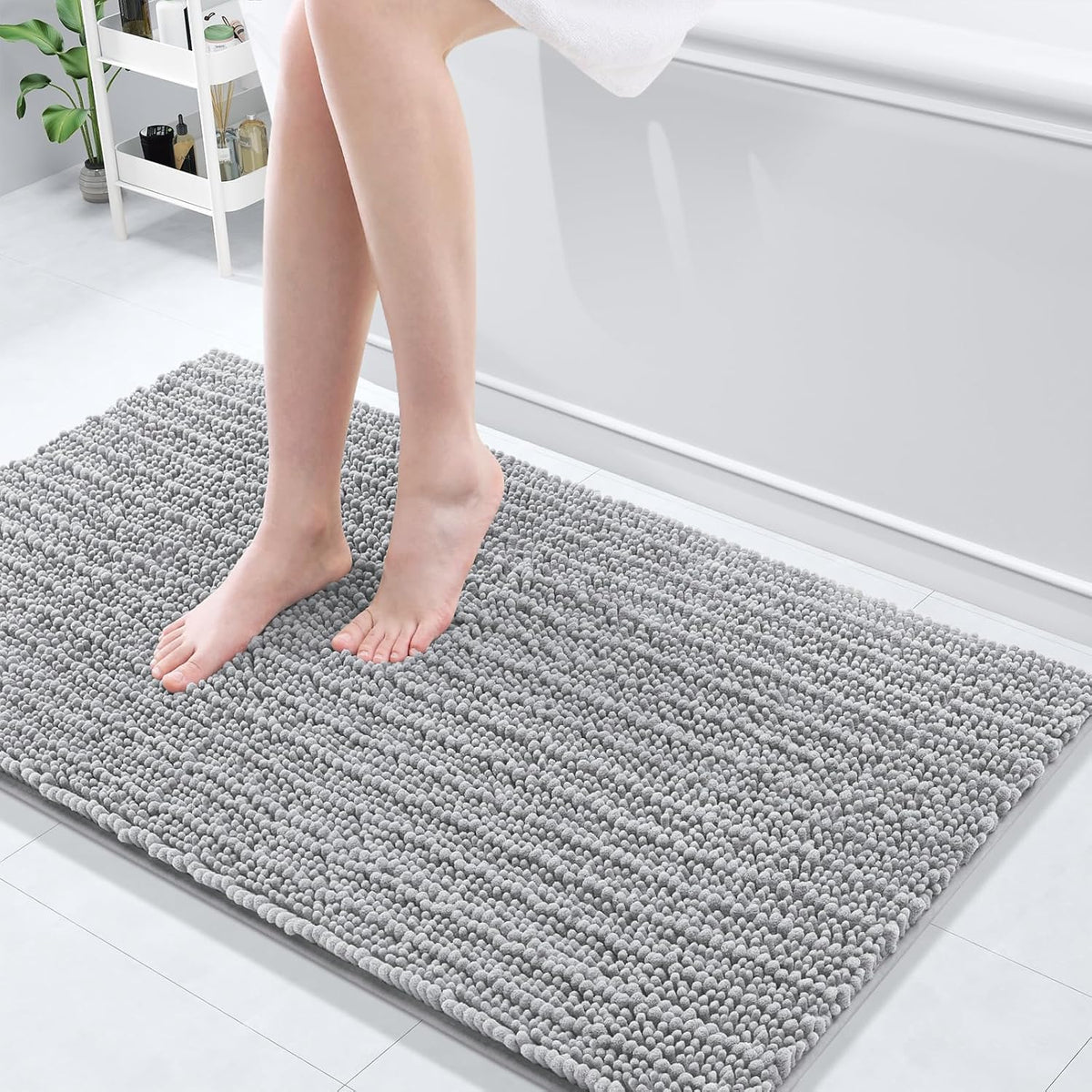 Arotive Luxury Chenille Bathroom Rug Mat, Extra Soft Thick Absorbent Shaggy Bath Rugs, Non-Slip Machine Wash Dry, Plush Bath Mats for Bathroom, Shower and Tub, 44x24, Light Grey