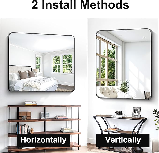 Black Bathroom Mirror,40x48 inch Wall Mirror for Bathroom Wall Mounted,Rectangle Mirror for Bathroom Over Sink,Modern Frame Round Corner for Living Room,Bedroom Entryway,Horizontal/Vertical