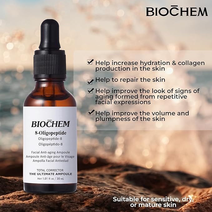 BIOCHEM 8-Oligopeptide Anti-Aging Face Ampoule – 30ml /1fl For Mature Skin – Hydrating Serum with NaPCA, Hyaluronic Acid for Wrinkle & Age Spots – Formula Firms, Lifts, Smooths– For All Skin Types