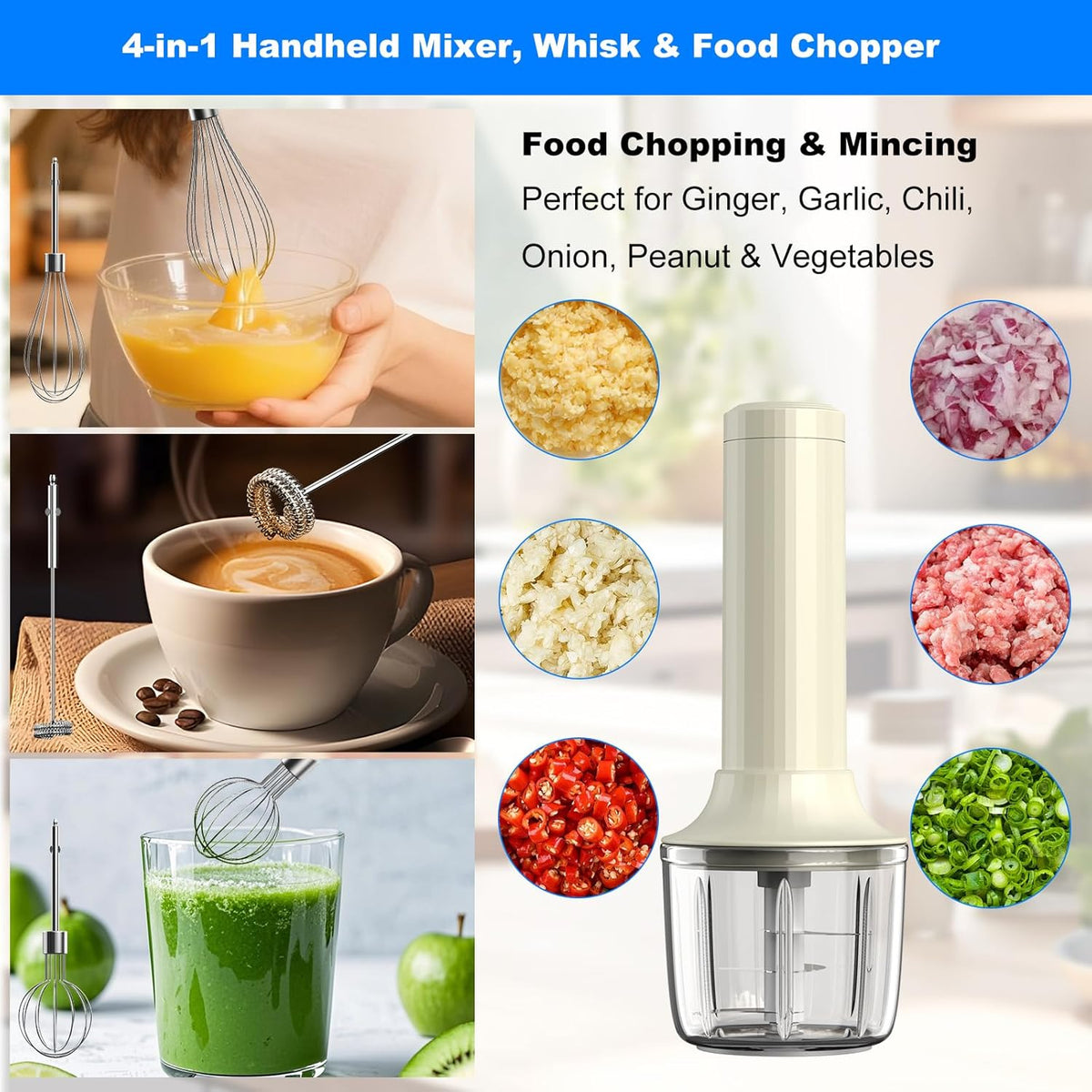 Cordless Hand Mixer MixgoII, Handheld Mixer Electric Whisk & Milk Frother, Hand Held Mini Mixers, Rechargeable Hand Mixer and Whisker, Food Processor for Cooking, Food Chopper, 4-Speed, 10Oz
