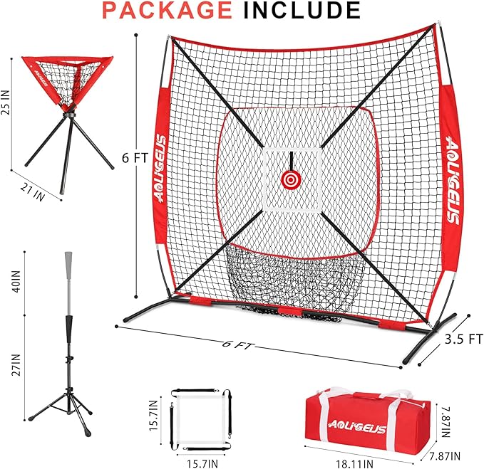 6'X6' Baseball Softball Practice Net with Batting Tee and Ball Caddy, Bonus Strike Zone Target and Bow Frame, for Hitting, Pitching, Catching