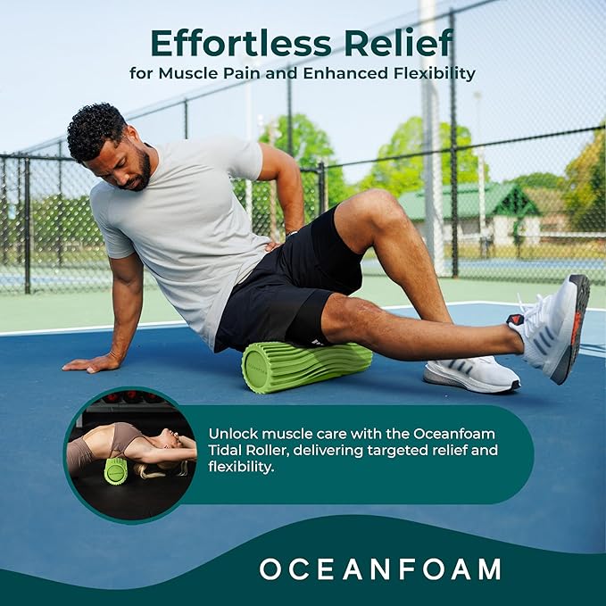Oceanfoam Tidal Roller - Algae Green - Muscle Massage Foam Roller for Back Pain & Stretching - Firm and Ergonomic Wide Wave Textured - Yoga, Athletics, & Wellness - Full Size, 20" x 5"
