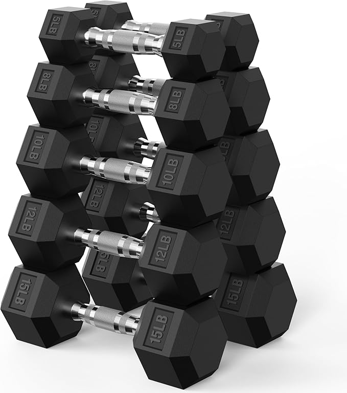 PAPABABE Hex Dumbbell Set 45-550 lb, Rubber Encased Home Gym Dumbbells, Weights Dumbbells for Women & Men, Hand Weight for Strength Training