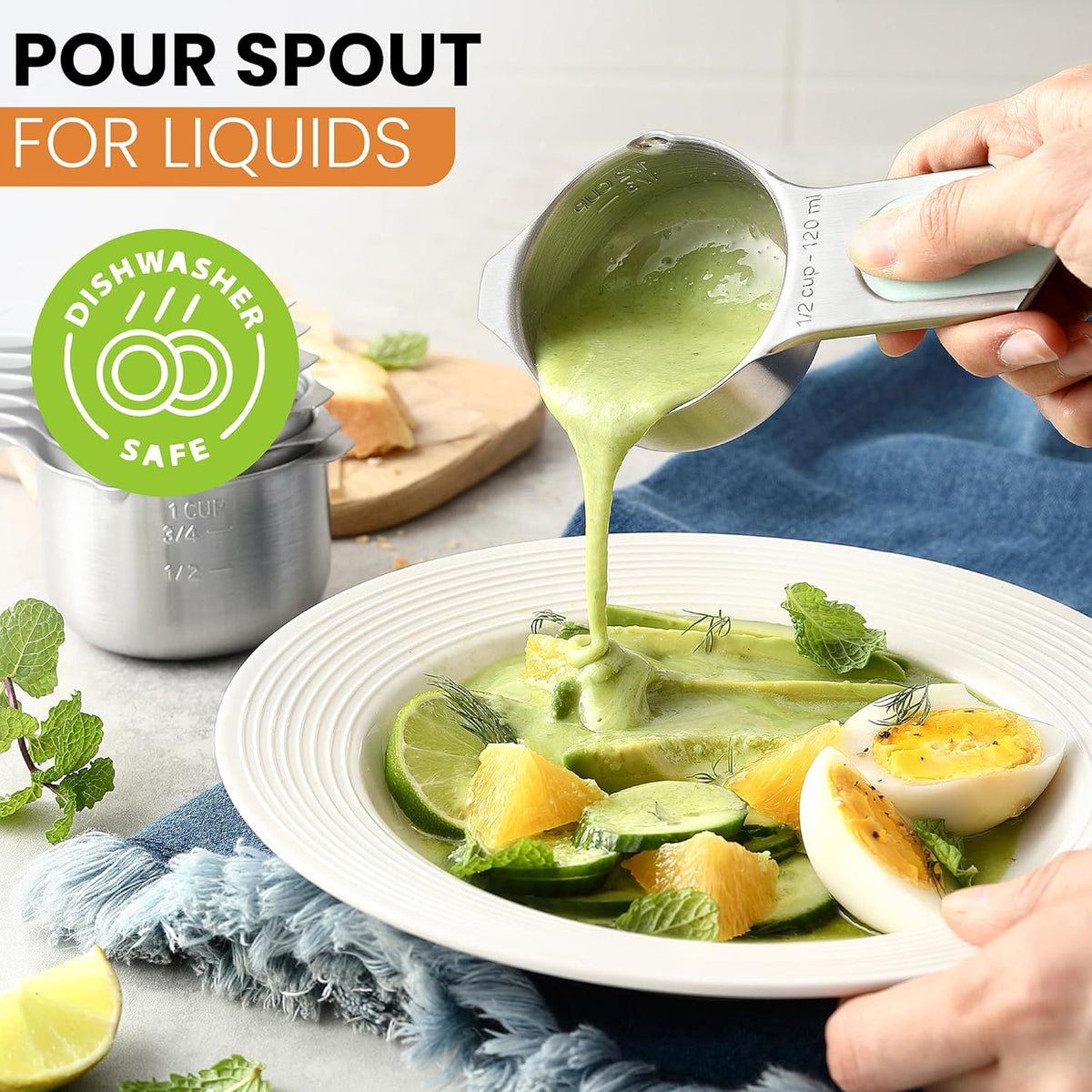 Spring Chef Magnetic Stainless Steel Measuring Cups (Patent Pending), Kitchen Tools with Easy to Read Markings for Measuring Dry or Liquid Ingredients, Set of 7, Mint