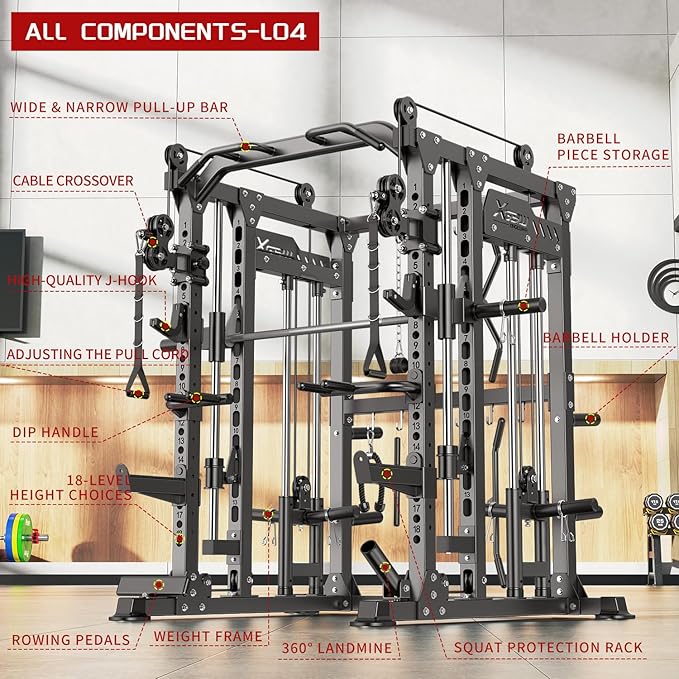 Smith Machine with Cable Crossover System, Multi-Function Power Cage Squat Rack for Home Gym, Power Rack and Packages Weight Sets.