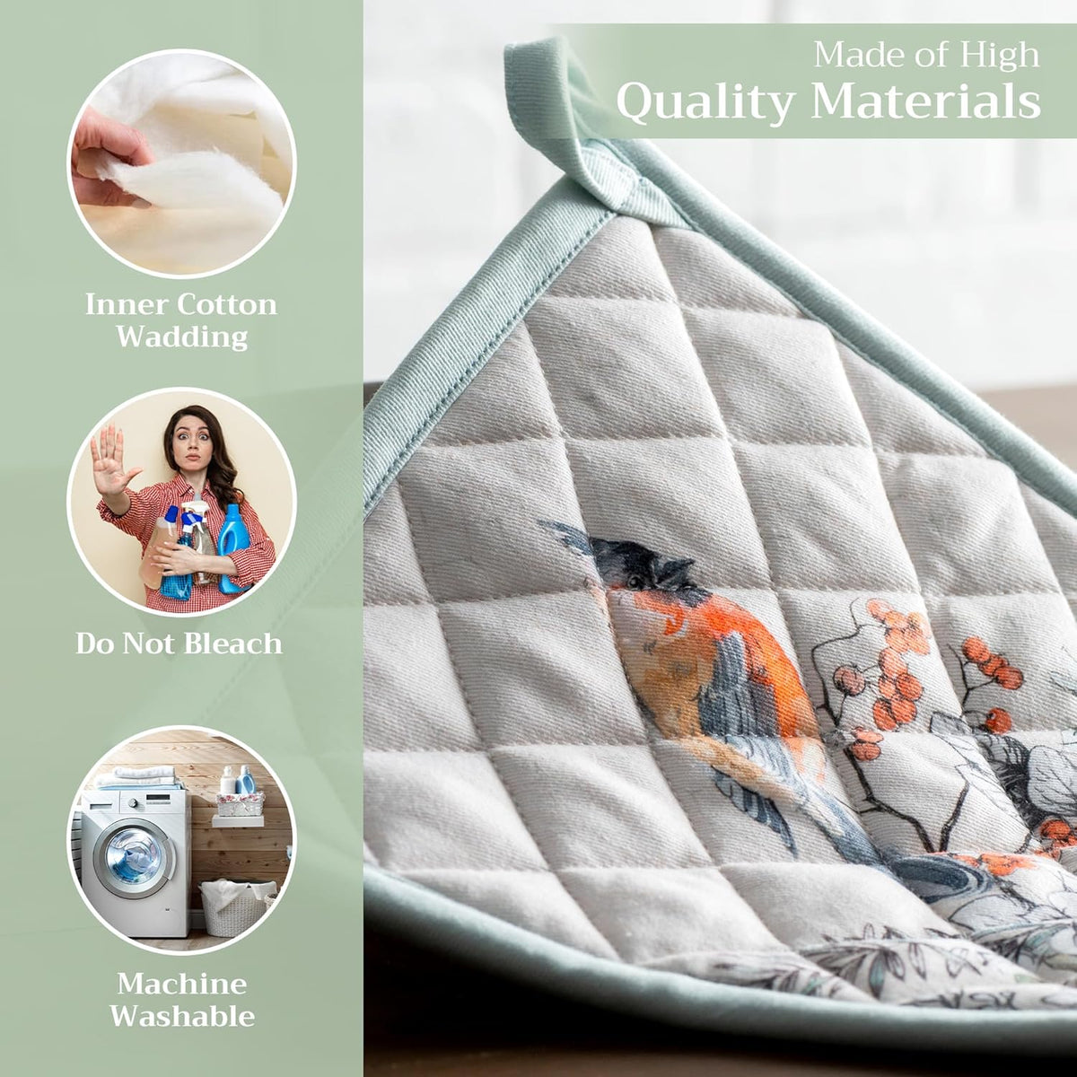 Maison d' Hermine Pot Holders Set 100% Cotton Heat Resistant Potholders 8" x 8" Hot Pads with Loop BBQ, Cooking, Baking, Grilling, Kitchen, Handling Hot Pans (Pack of 2, Whitish Shabby Chique)