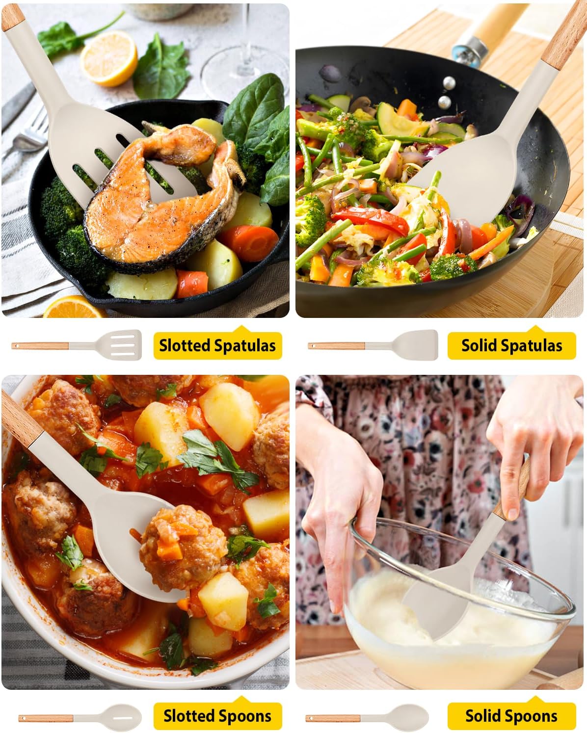 Pack of 4 Silicone Cooking Utensils Set, Non Stick Solid Spatulas and Heat Resistant Slotted Spoons with Wooden Handle, Ideal Wood Kitchen Utensils Set for Frying,Serving,Turning,Stirring (KHAKI)