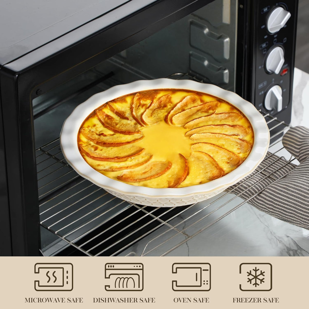 MALACASA Pie Dish for Baking, Stoneware Pie Pan 9 Inch, Embossed Deep Dish Pie Pans, 45 OZ Round Baking Dish Pie Pan, Fluted Dish Pie Plate for Apple Pie, Quiche and Tart, Set of 1, Series LYDIA