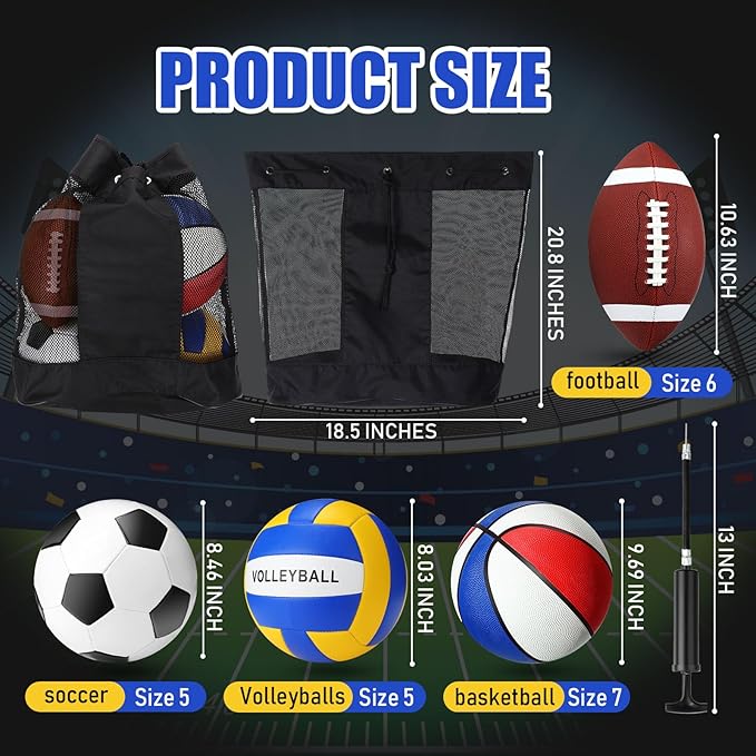 8 Pcs Sports Balls Set Include Basketball Football Soccer Volleyball with 2 Sport Equipment Bags 2 Pumps for Teens Youth Adult Outdoor Operation Christmas Ball Gifts