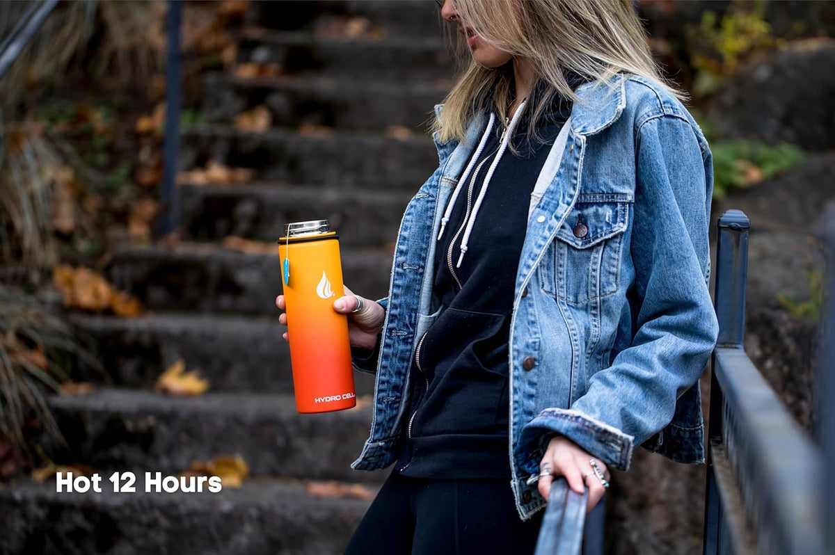 HYDRO CELL Stainless Steel Insulated Water Bottle with Straw - For Cold & Hot Drinks - Metal Vacuum Flask with Screw Cap and Modern Leakproof Sport Thermos for Adults (Red/Orange 18oz)
