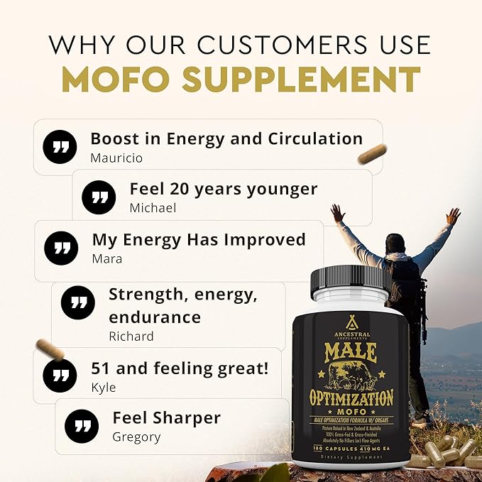 Ancestral Supplements Mofo, Supplements for Men, Support for Energy Levels and Overall Men's Health and Wellness, Non-GMO Grass Fed Beef Organ Supplement with Liver, No Fillers, 180 Capsules