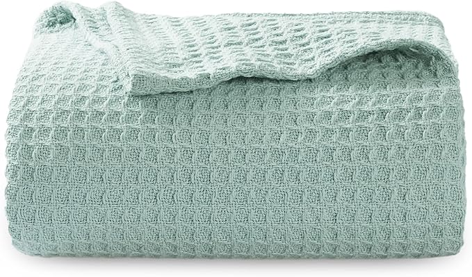 Bedsure 100% Cotton Blanket Twin XL Size for College Dorm - Breathable and Soft, Waffle Weave Twin Blanket for Summer, Dorm Room Essentials, Mint, 66x90 inches