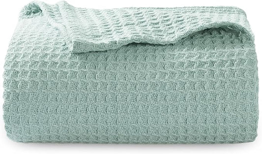 Bedsure 100% Cotton Blanket Twin XL Size for College Dorm - Breathable and Soft, Waffle Weave Twin Blanket for Summer, Dorm Room Essentials, Mint, 66x90 inches