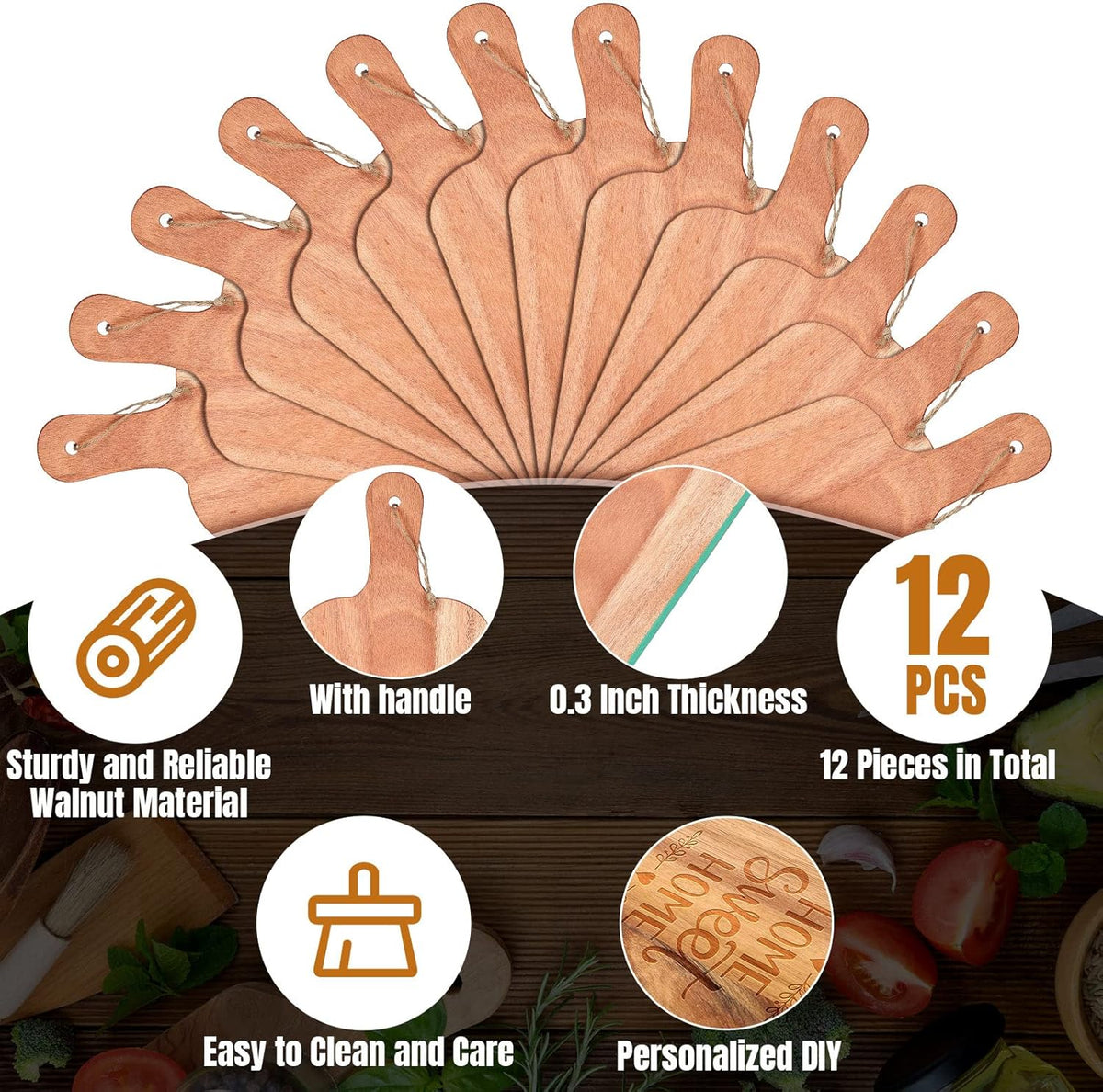 Patelai 12 Packs Wooden Cutting Board Set with Handles Large Kitchen Serving Plain Chopping Board Bulk Gifts for Mom for Vegetables Meat Pizza Cheese Fruit Bread(Walnut,15 x 7 Inch)