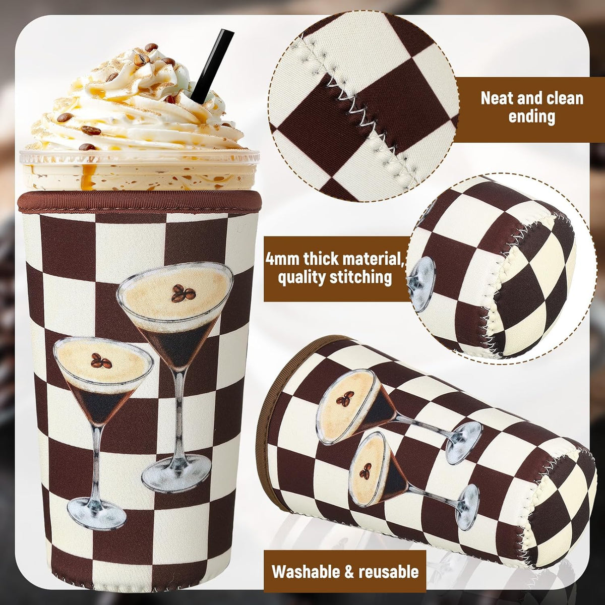 8 Pcs Reusable Sleeves for Iced Coffee Cup Pink Bow Cup Coolie Espresso Martini Reusable Coffee Insulator Sleeves Neoprene Insulated Holder for Iced & Hot Drinks, 22-24 oz