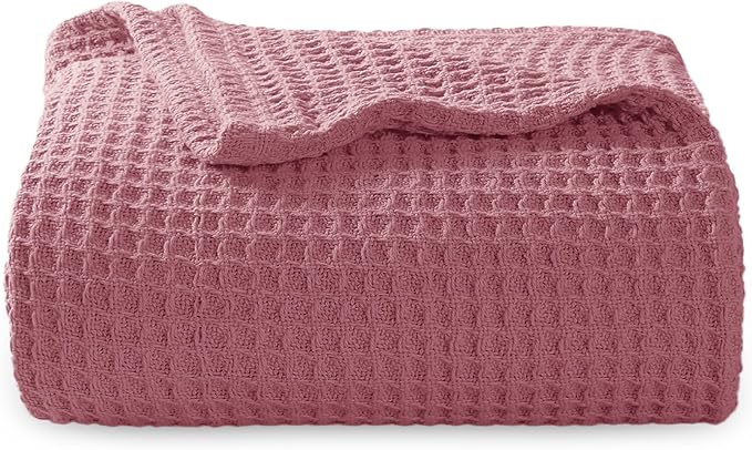 Bedsure 100% Cotton Blanket Twin XL Size for College Dorm - Breathable and Soft, Waffle Weave Twin Blanket for Summer, Dorm Room Essentials, Dusty Rose, 66x90 inches