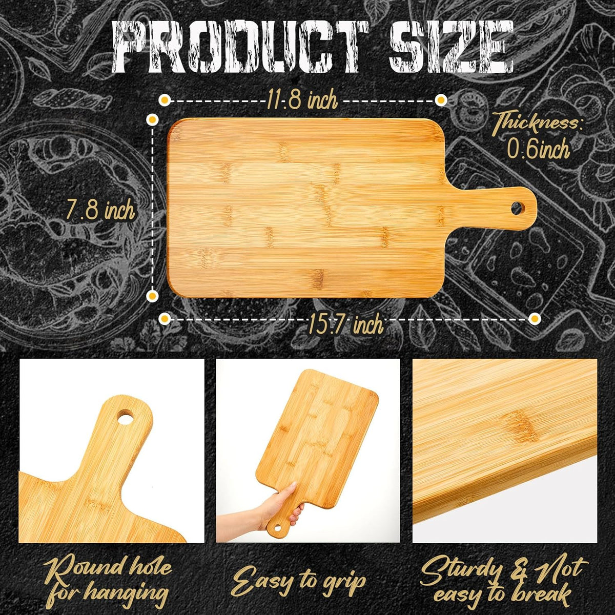 Nuenen 50 Pcs Wood Cutting Board with Handle 15.7 x 7.8 Inch Acacia Bamboo Wooden Serving Kitchen Chopping Boards for Pizza, Bread, Cheese, Charcuterie, Fruit, Vegetables (Bamboo)